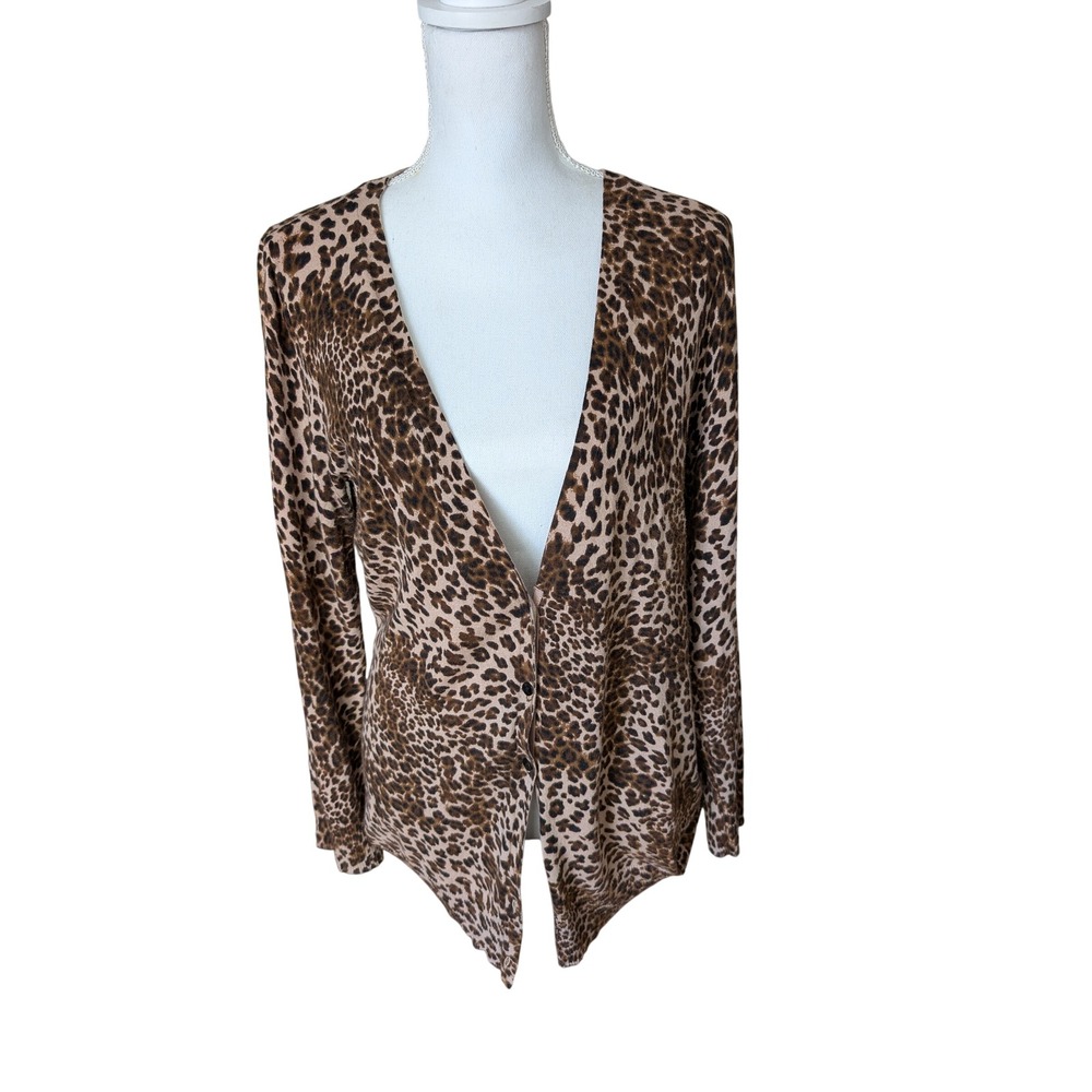Soma Intimates Cardigan Sweater Leopard Print Brown Tan Animal V-Neck Large
